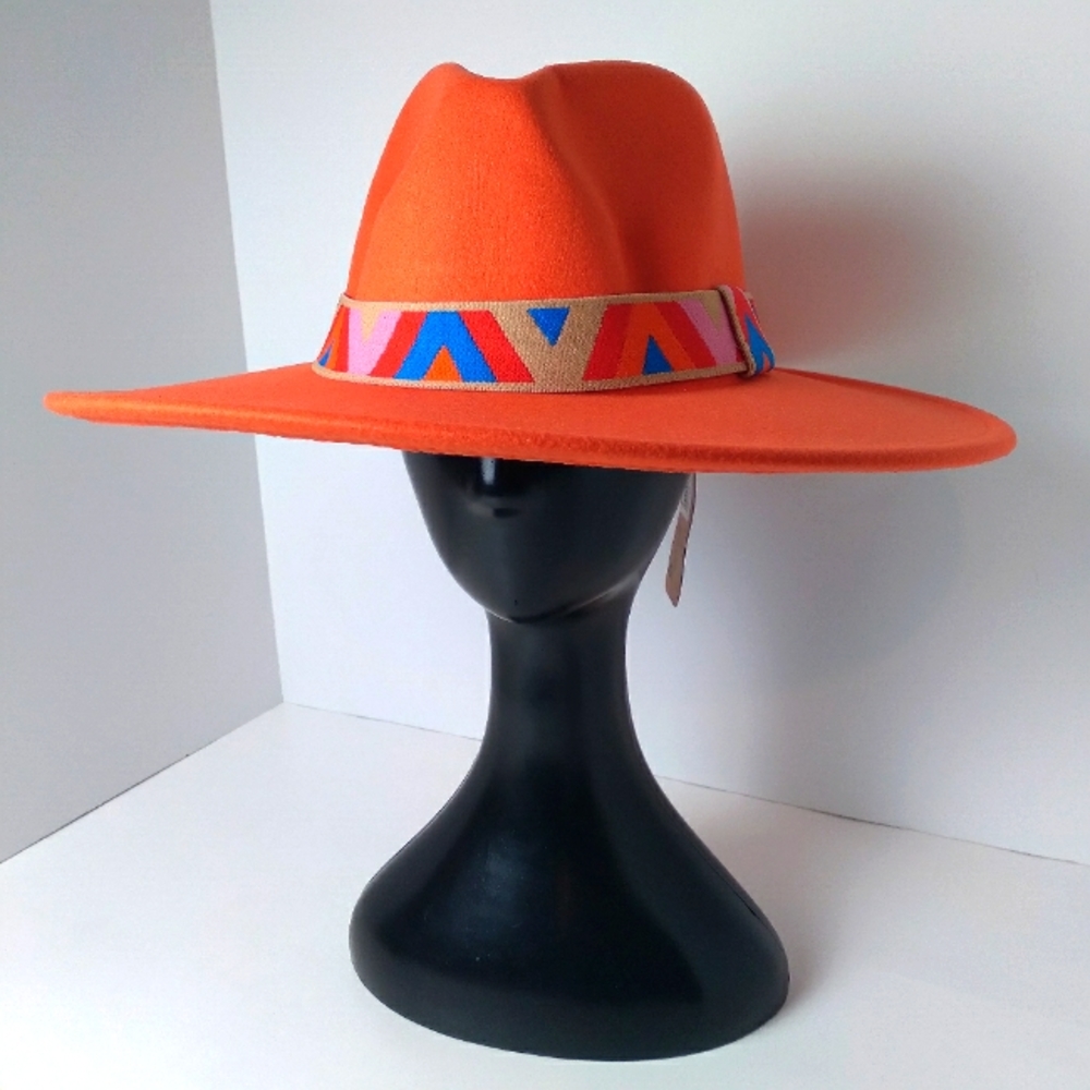 Women's Orange Wide Brim Multi-Color Band Fedora Hat. NWT